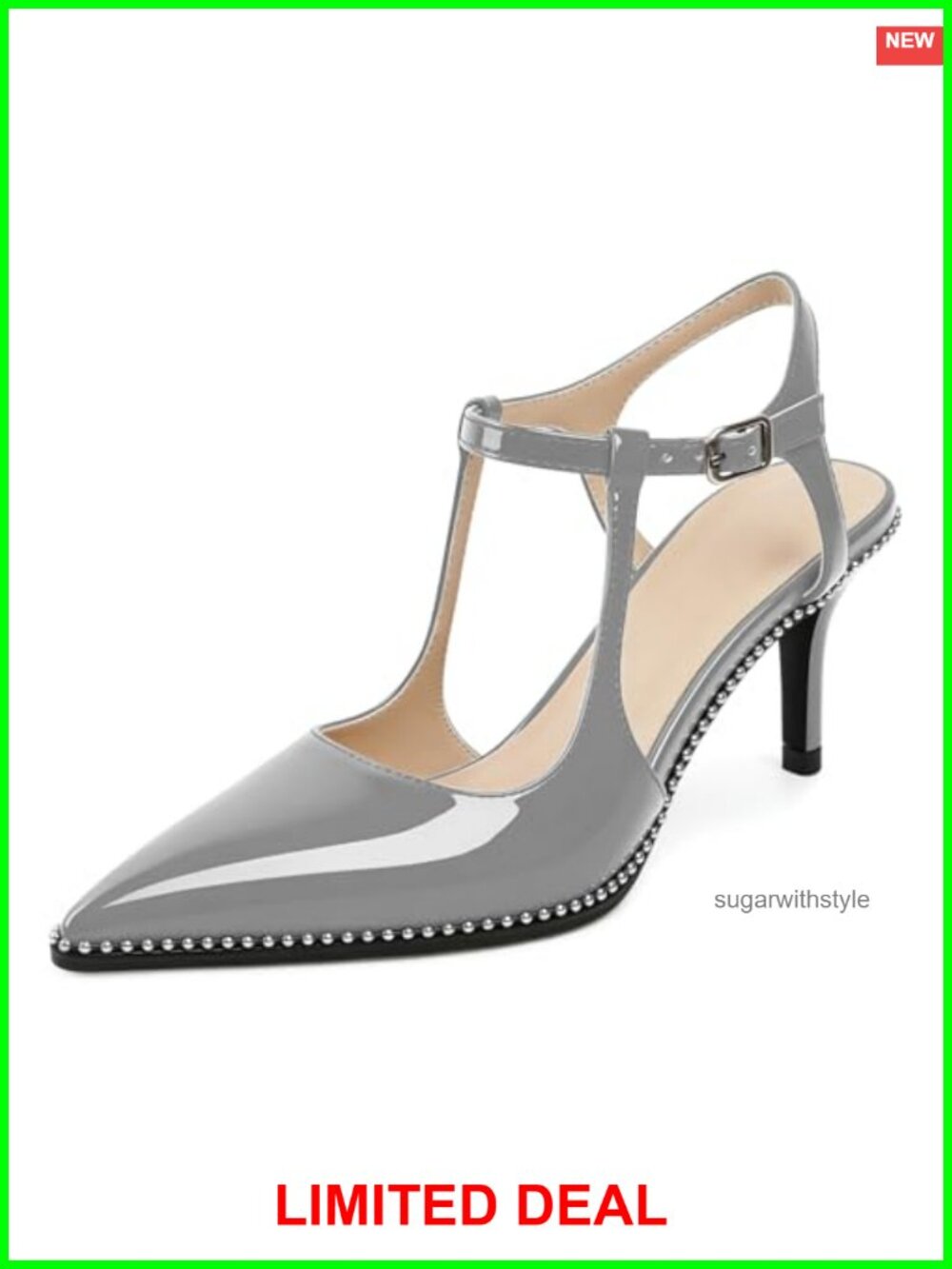 Womens Slingback Kitten Heels Pointed Toe Ankle Strap Beaded Pumps 2.5 Inch Heel